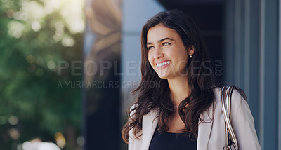 Buy stock photo Happy, thinking and business woman in city for morning, professional and happiness. Idea, modern and natural with face of female employee in urban outdoor for motivation, confident and pride