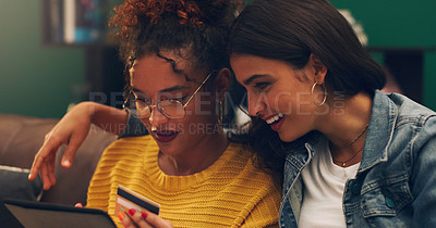 Buy stock photo Girl friends, smile and credit card with tablet on a living room sofa with online shopping. Student, happiness and young woman together with web purchase and ecommerce payment app on a home lounge