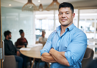 Buy stock photo Business, man and portrait with arms crossed in office for financial workshop and investment planning. Professional, employees or leader with group in boardroom for company budget strategy or meeting