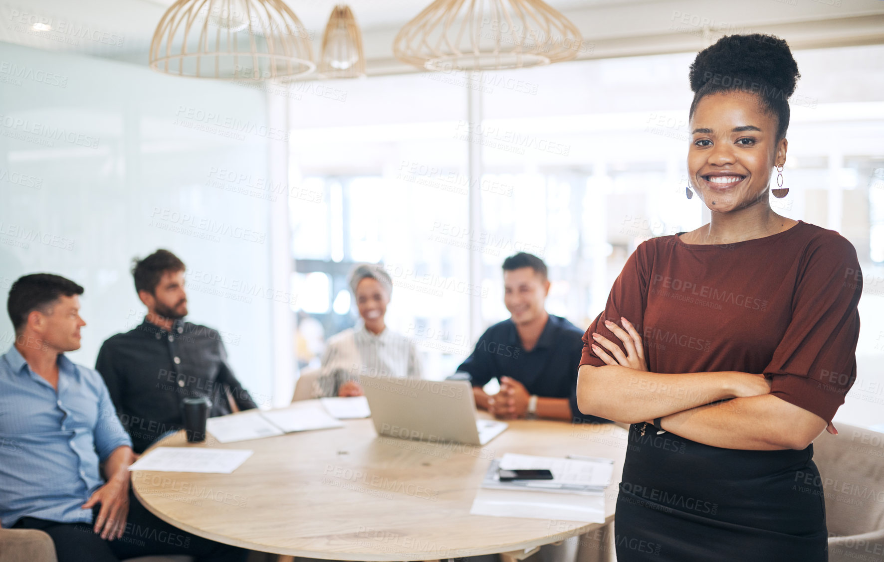 Buy stock photo Business people, woman and portrait with arms crossed in meeting for financial workshop and investment planning. Professional, employees and diversity group in boardroom for company budget strategy