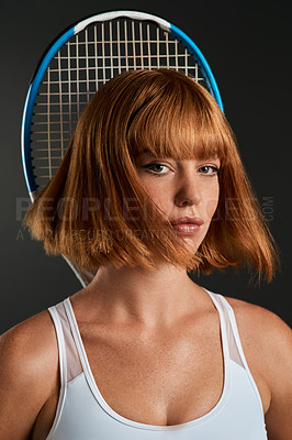 Buy stock photo Tennis, portrait and woman in studio for fitness, exercise and determination isolated on black background. Sports, face and confident player with racket for health, workout and training in Ireland