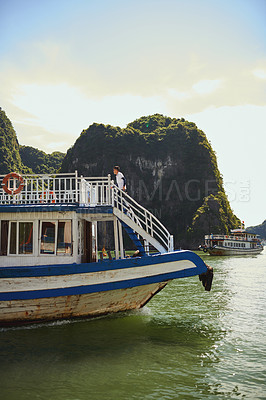 Buy stock photo Landscape, mountain and boats with travel in lagoon for holiday adventure, trip destination or journey location. Vessel, hill scenery and environment with transportation for lake cruise and exploring