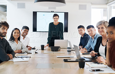 Buy stock photo Portrait of a group of businesspeople having a meeting in a modern office