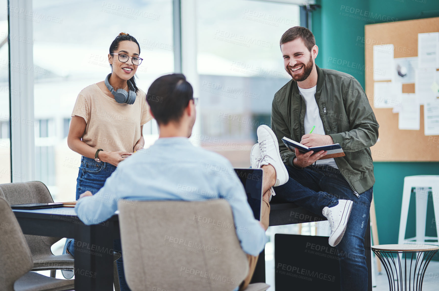 Buy stock photo Business people, meeting and teamwork in web design, brainstorming or strategy at office. Feet up, creative men and talking to designers for planning, collaboration or online startup with laptop