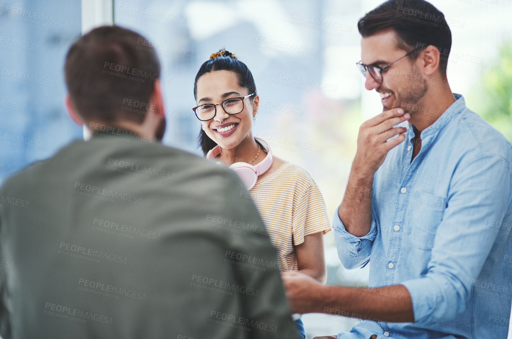 Buy stock photo Meeting, team and smile with business people in office for creative director, planning and collaboration. Project management, design campaign and discussion with employee in startup for growth 