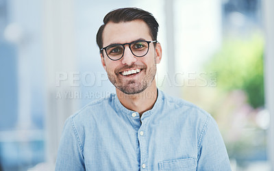 Buy stock photo Man, portrait and optical eyewear at clinic, vision prescription and designer frames for eye care. Male person, lenses and glasses for sight maintenance, optometry accessory and exam for healthcare