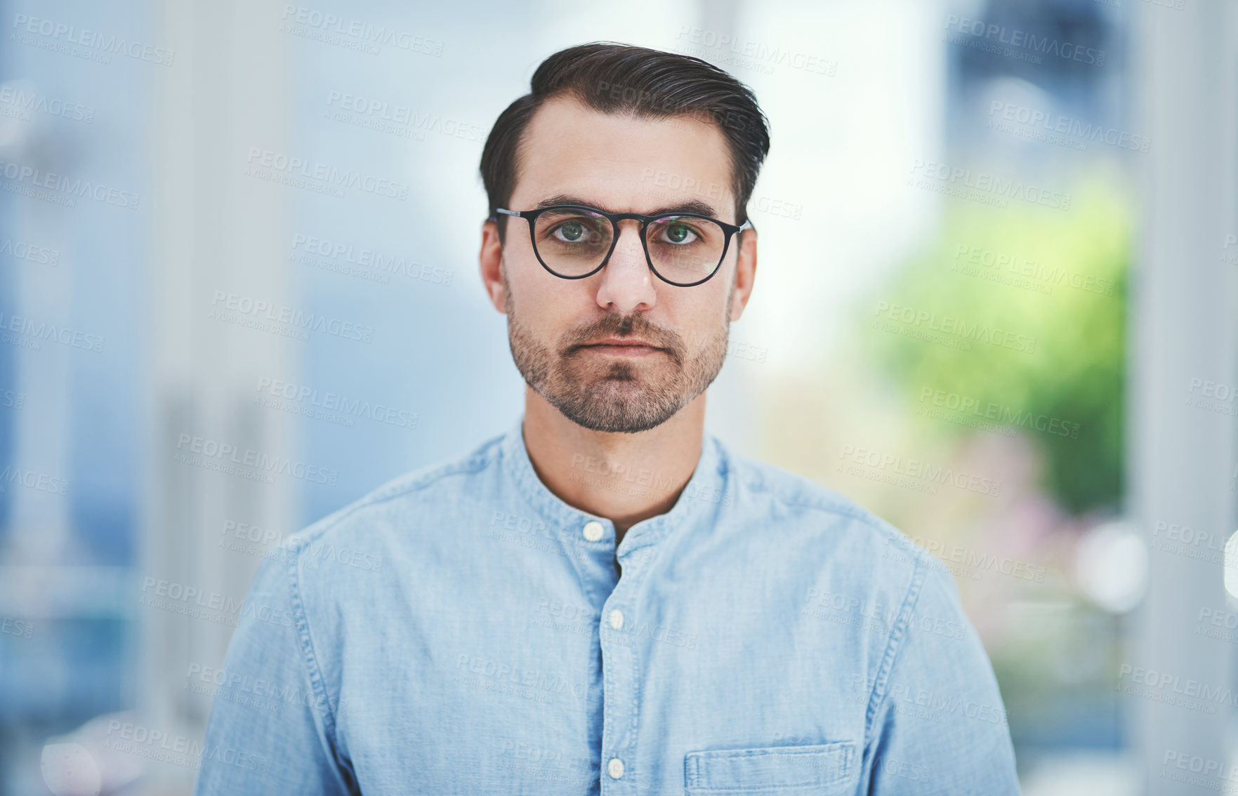 Buy stock photo Eye care, optometry portrait and man with glasses at optical office for designer frame or prescription lens. Confident customer, person or new spectacles at vision consultation for wellness or health