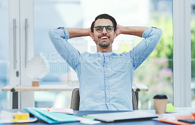 Buy stock photo Business, man and stretching portrait with relax for easy design project, productivity or done with tasks. Professional, designer or happy at desk with break, resting or satisfied for complete target