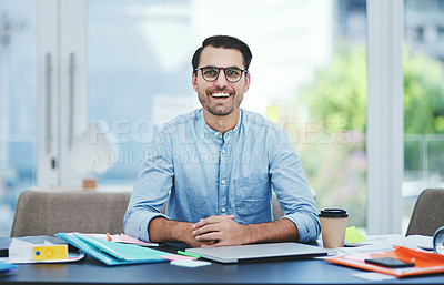 Buy stock photo Office, laptop and businessman in portrait for career, startup progress or pride with smile for job. Creative agency, male person or graphic designer with positive attitude for tasks, planning or joy