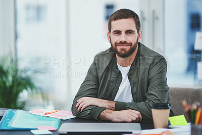 Buy stock photo Office, laptop and businessman in portrait for tasks, startup progress or pride with smile for job. Creative agency, male person or graphic designer with positive attitude for career, planning or joy