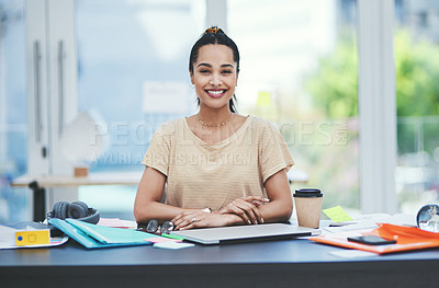 Buy stock photo Office, laptop and businesswoman in portrait for career, startup progress and pride with smile. Creative agency, female person or graphic designer with positive attitude for tasks, planning and job