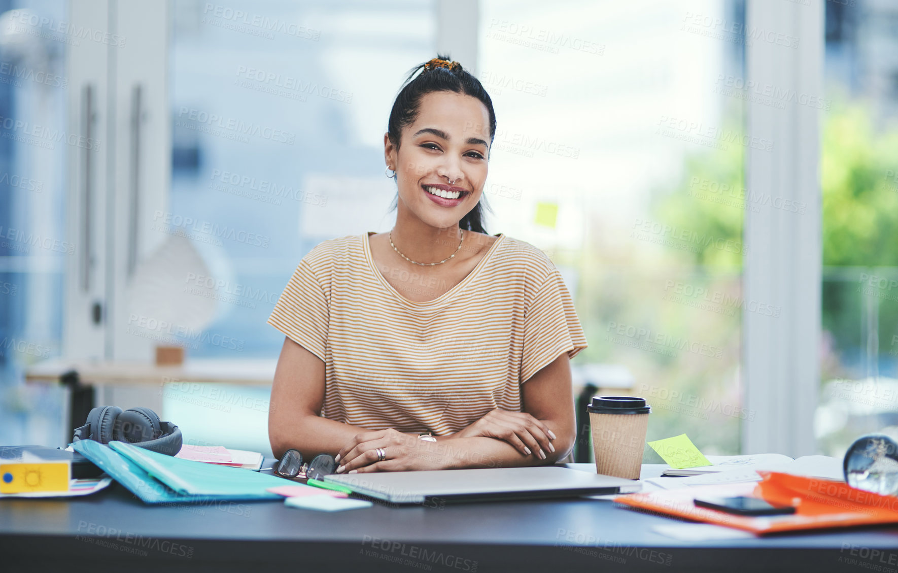 Buy stock photo Design, documents and smile with portrait of woman at desk in office for creative planning. Business, coffee and strategy with happy person in workplace as professional designer for startup career