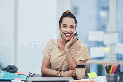 Buy stock photo Office, laptop and businesswoman in portrait for job, startup progress and pride with smile. Creative agency, female person or graphic designer with positive attitude for tasks, planning and career