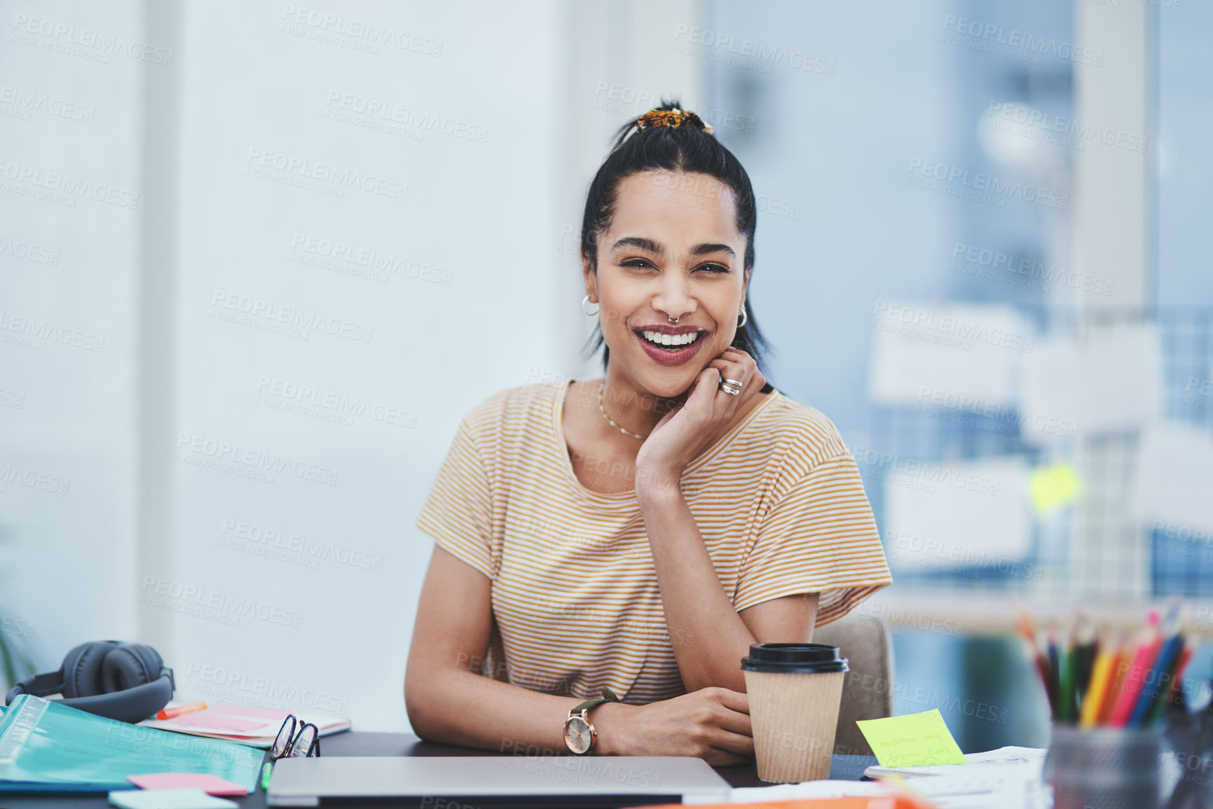 Buy stock photo Office, laptop and businesswoman in portrait for job, startup progress and pride with smile. Creative agency, female person or graphic designer with positive attitude for tasks, planning and career