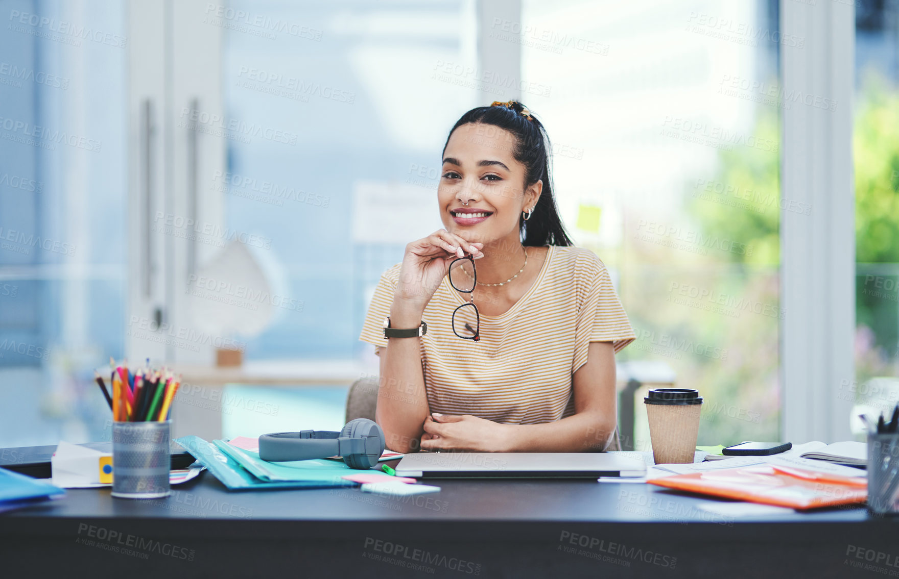 Buy stock photo Office, thinking and businesswoman in portrait for career, startup progress and happy with job. Creative agency, female person or graphic designer with positive attitude for  ideas, glasses or laptop