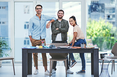 Buy stock photo Happy, business people and portrait with team at office for small business, design or startup together. Young, group or colleagues with smile or confidence for creative career or job at workplace