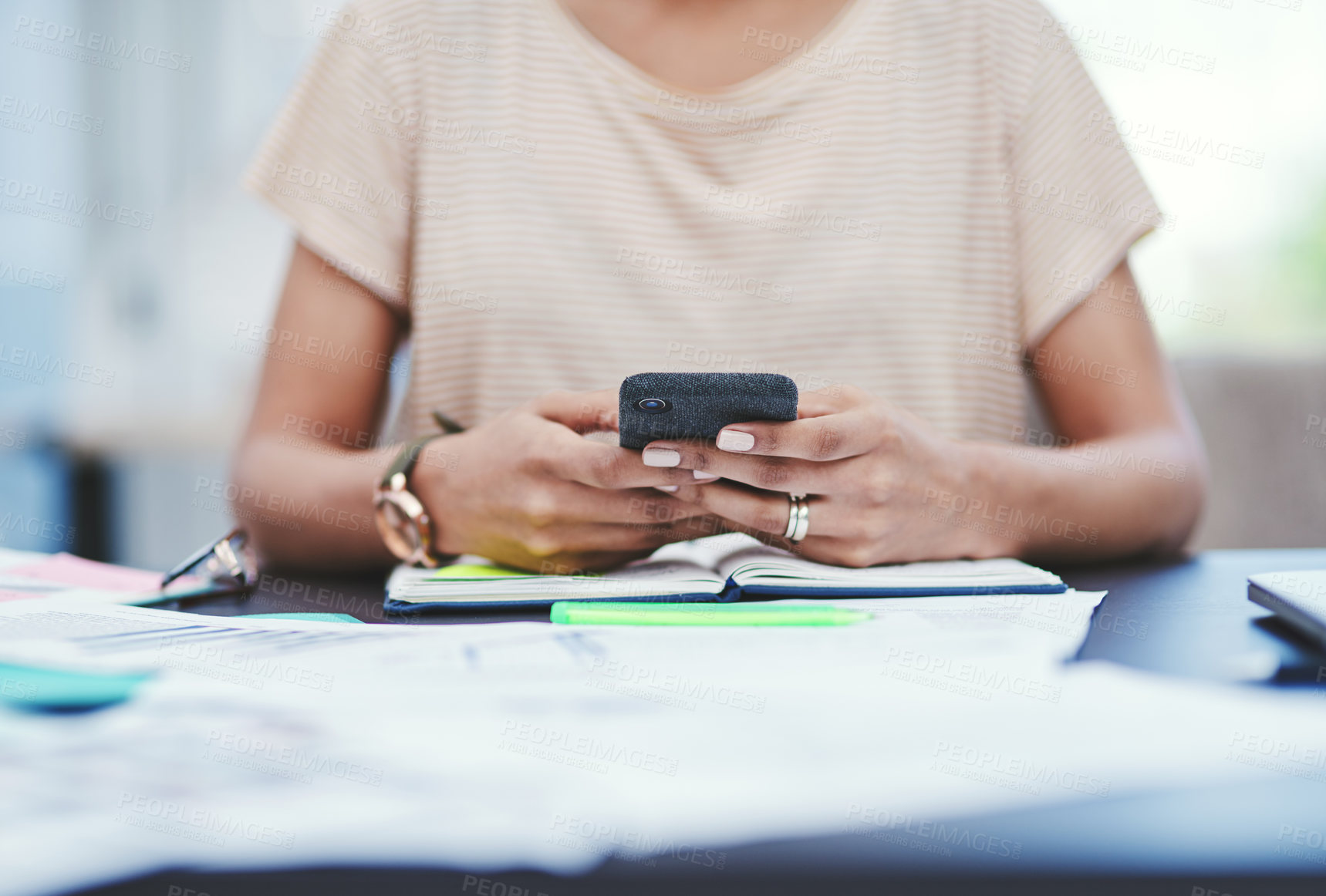 Buy stock photo Business woman, hands and typing with phone for news, schedule planning or agenda at office desk. Closeup, female person or employee with mobile smartphone for online browsing or app at workplace