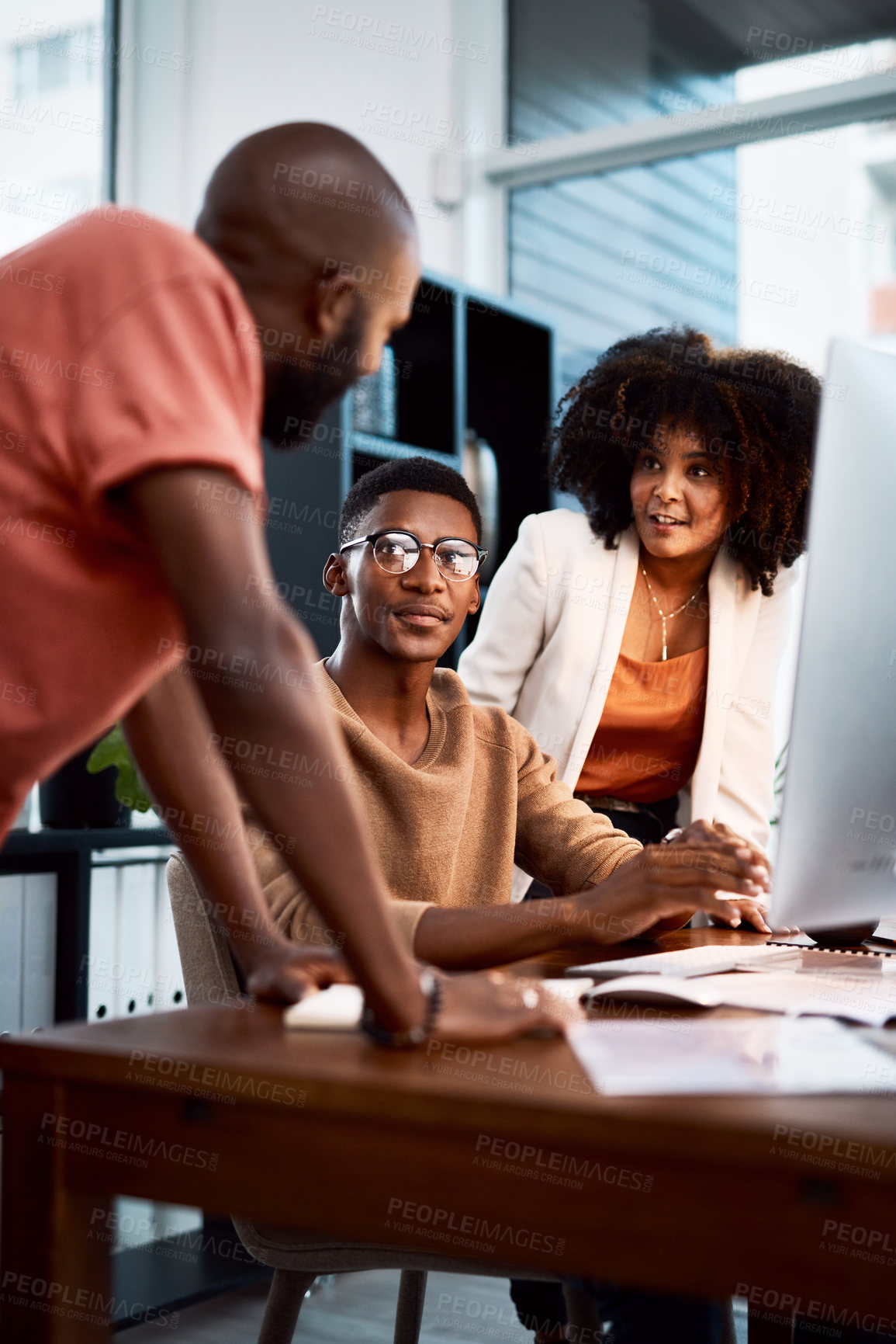 Buy stock photo Computer, collaboration and solution with business people for email marketing, target audience research and rpa software. Chief automation officer, team and technology with employees and ai system