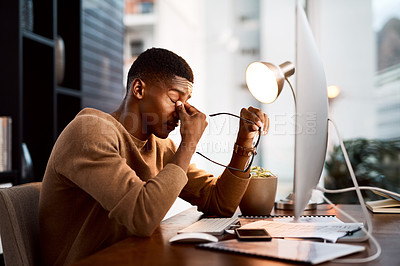 Buy stock photo Man, stress and working late on computer with glitch, error or software malfunction as employee. Male person, tech and night with fatigue, project deadline and system update in office as web designer