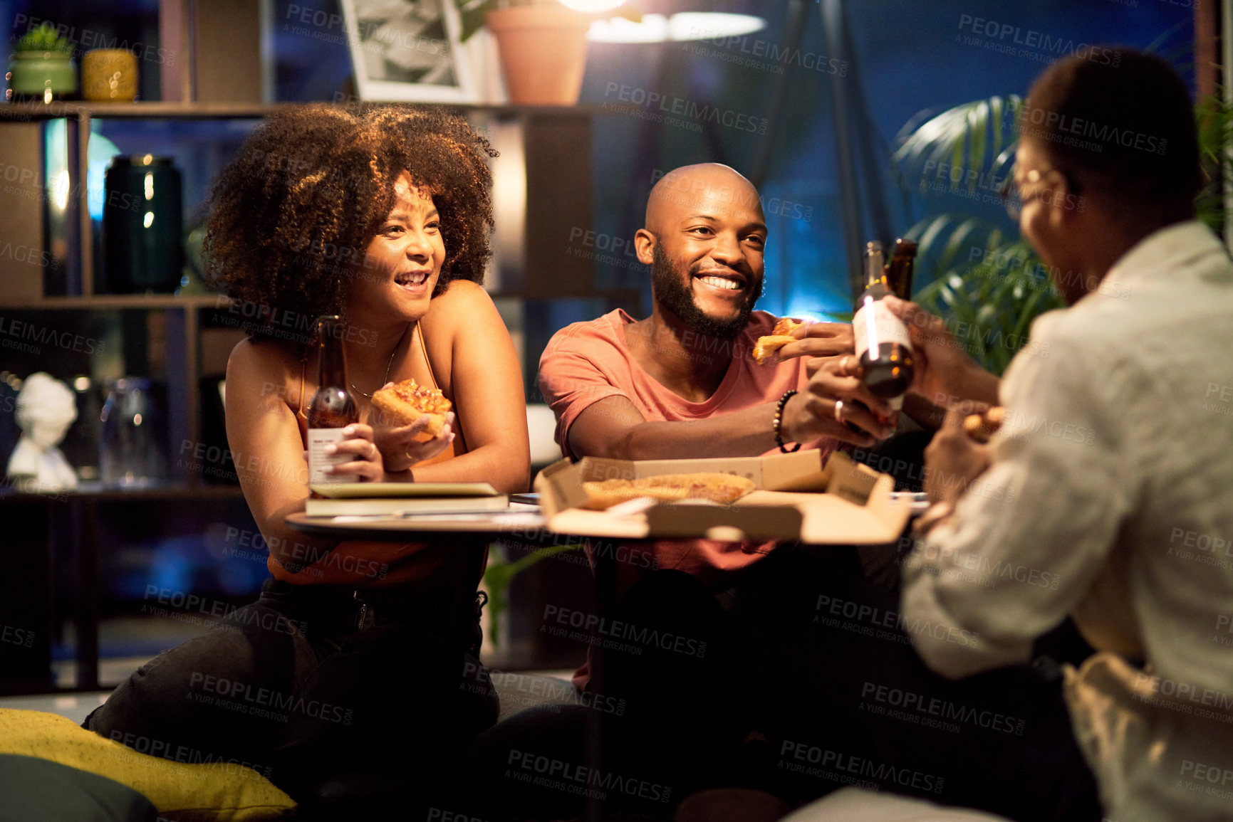 Buy stock photo Happy friends, beer and business people cheers at office party to celebrate project launch success. Alcohol, drink and African group toast, eating pizza or food after deadline at night on Octoberfest