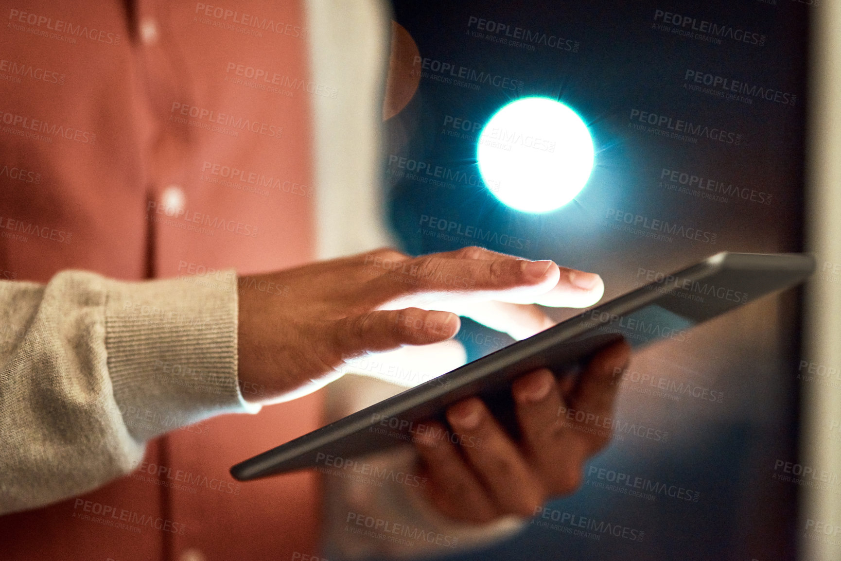Buy stock photo Night, hands and tablet in office for design, company feedback and digital report. Dark, person and tech in workplace for email, connectivity and schedule for project management in creative agency