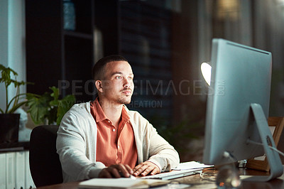 Buy stock photo Computer, reading and digital with business man for email marketing, target audience research and rpa software. Chief automation officer, online and technology with employee at night and ai system