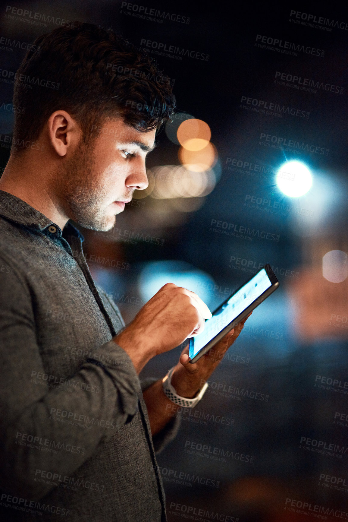 Buy stock photo Professional, man and tablet outdoor at night for typing email and networking with client for a business deal. Bokeh, employee and digital technology in city for online research and company deadline