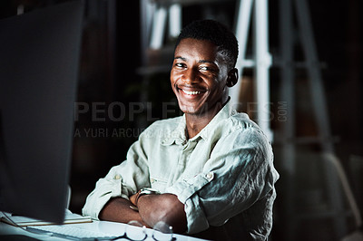 Buy stock photo Night, man and smile in office, portrait and video editing with software, planning and freelancer. Dark, entrepreneur and computer for content creation, black person and creative for social media