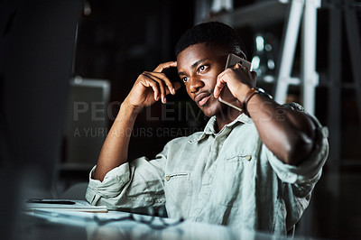 Buy stock photo Black man, phone call and night in office for networking, computer and employee to schedule meeting. Male person, speaking and online for conversation in workplace, secretary and overtime with client