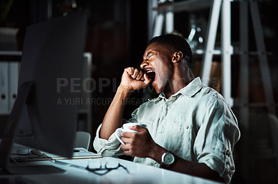 Buy stock photo Man, yawn and coffee in office at night, fatigue and mental health burnout for computer project. Male person, tired journalist and espresso for article deadline, depression and exhausted reporter