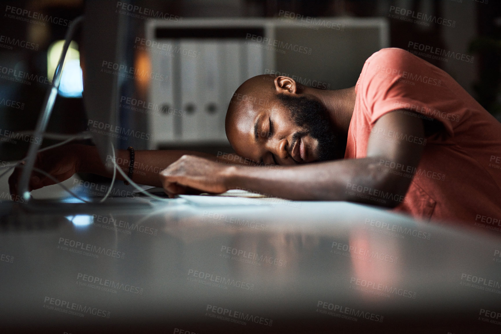 Buy stock photo Cropped shot of a man falling asleep while working late at the office