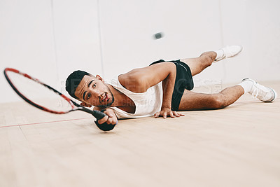 Buy stock photo Squash, game and man with racket, playing and sports with fitness, training and activity. Person, player and guy with hobby, practice and routine with recreation, cardio and energy with challenge