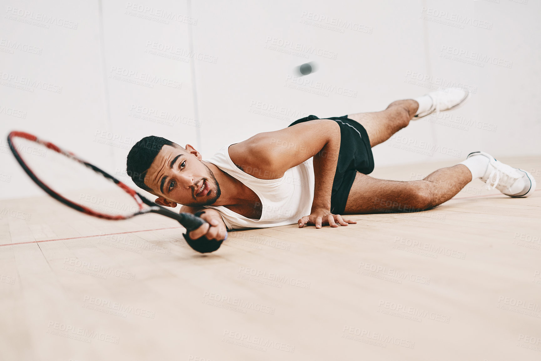 Buy stock photo Squash, game and man with racket, playing and sports with fitness, training and activity. Person, player and guy with hobby, practice and routine with recreation, cardio and energy with challenge