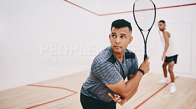 Buy stock photo Squash, people and playing on court together, competition and team for indoor fitness or tournament. Men, friends and gym for physical training or workout, practice sports and athletes for exercise