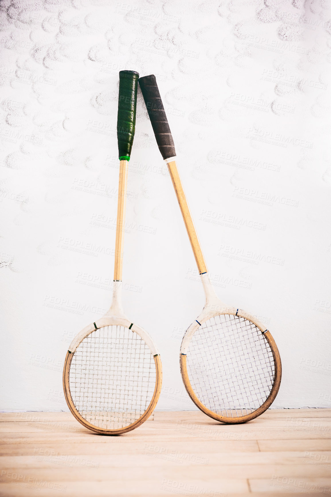 Buy stock photo Racket, club and badminton with equipment for training, game and fitness for sport or competition. Indoor court, texture and activity in gym for wellness, match or exercise in athletics, hobby or fun