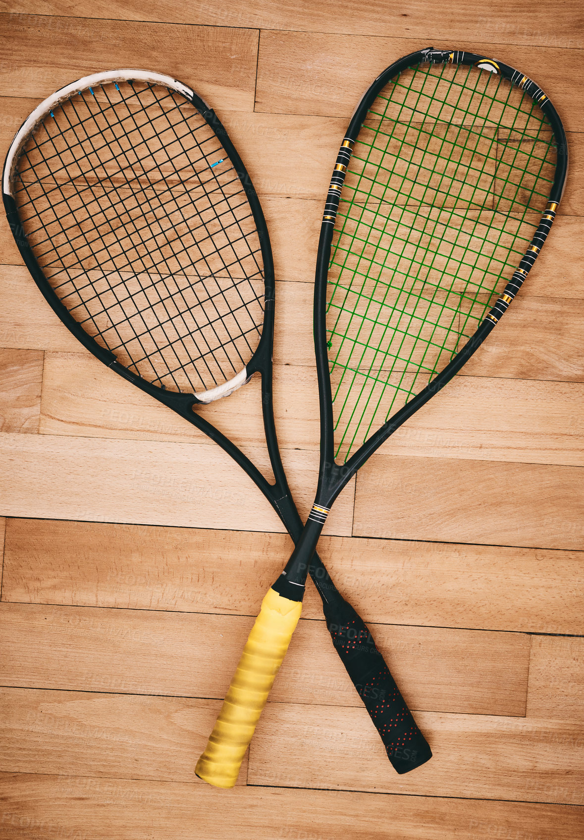 Buy stock photo Sports, above and racket on squash court for competition, challenge and training center. Exercise, interior and empty room with top view of wooden floor of gymnasium for games, fitness club and gear