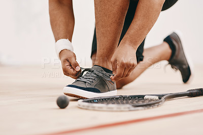 Buy stock photo Hands, person and tying shoelace at tennis court with sports game, tournament and training. Player, ball and racket at field with preparation for match with exercise or practice for championship