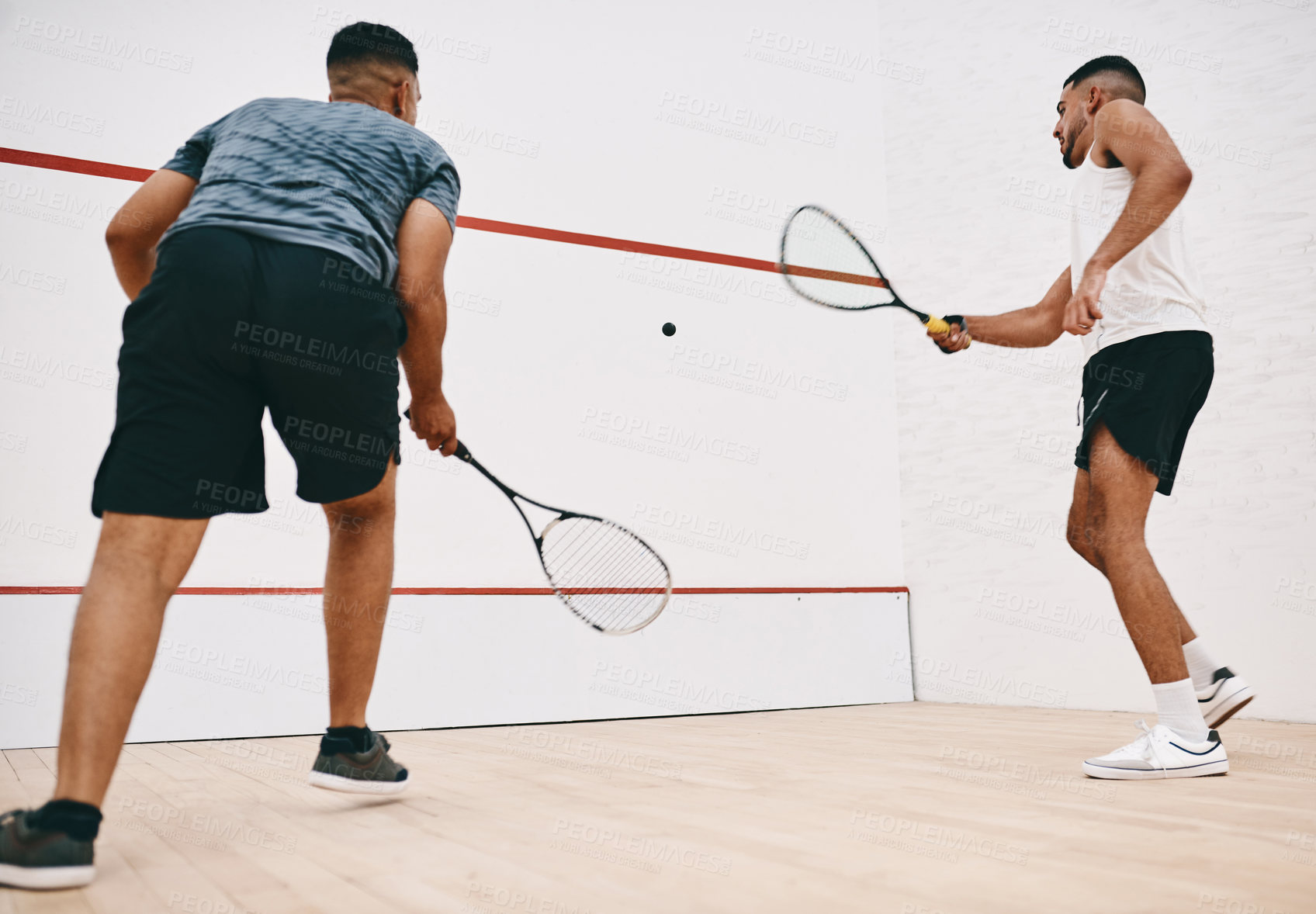 Buy stock photo Squash, people and exercise game on court, competition and team for indoor fitness or tournament. Men, friends and gym for physical training or workout, practice sports and athletes for challenge