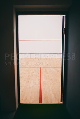 Buy stock photo Squash, background and court for workout, game and exercise in sport competition as open entrance. Indoor club, texture and activity in gym for wellness, match or training in athletics, hobby and fun