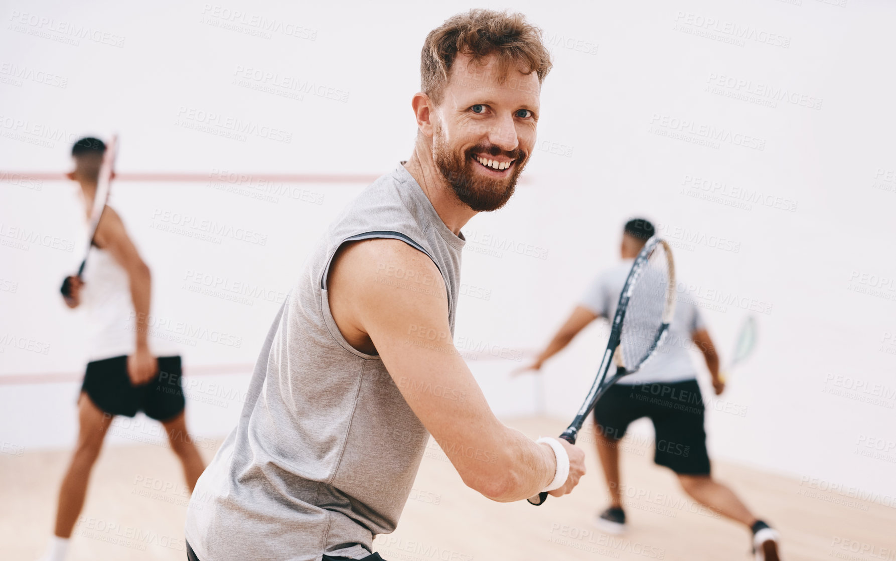 Buy stock photo Squash, man portrait and playing team on court, competition and gear for indoor fitness or tournament. Men, friends and gym for physical training or workout, practice sports and athletes for exercise