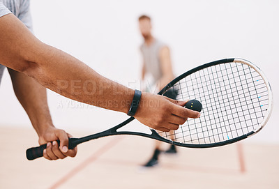 Buy stock photo Squash, man and racket serve in game, competition and team for indoor fitness or tournament. Male person, friends and court for physical training or workout, practice sports and athletes for exercise