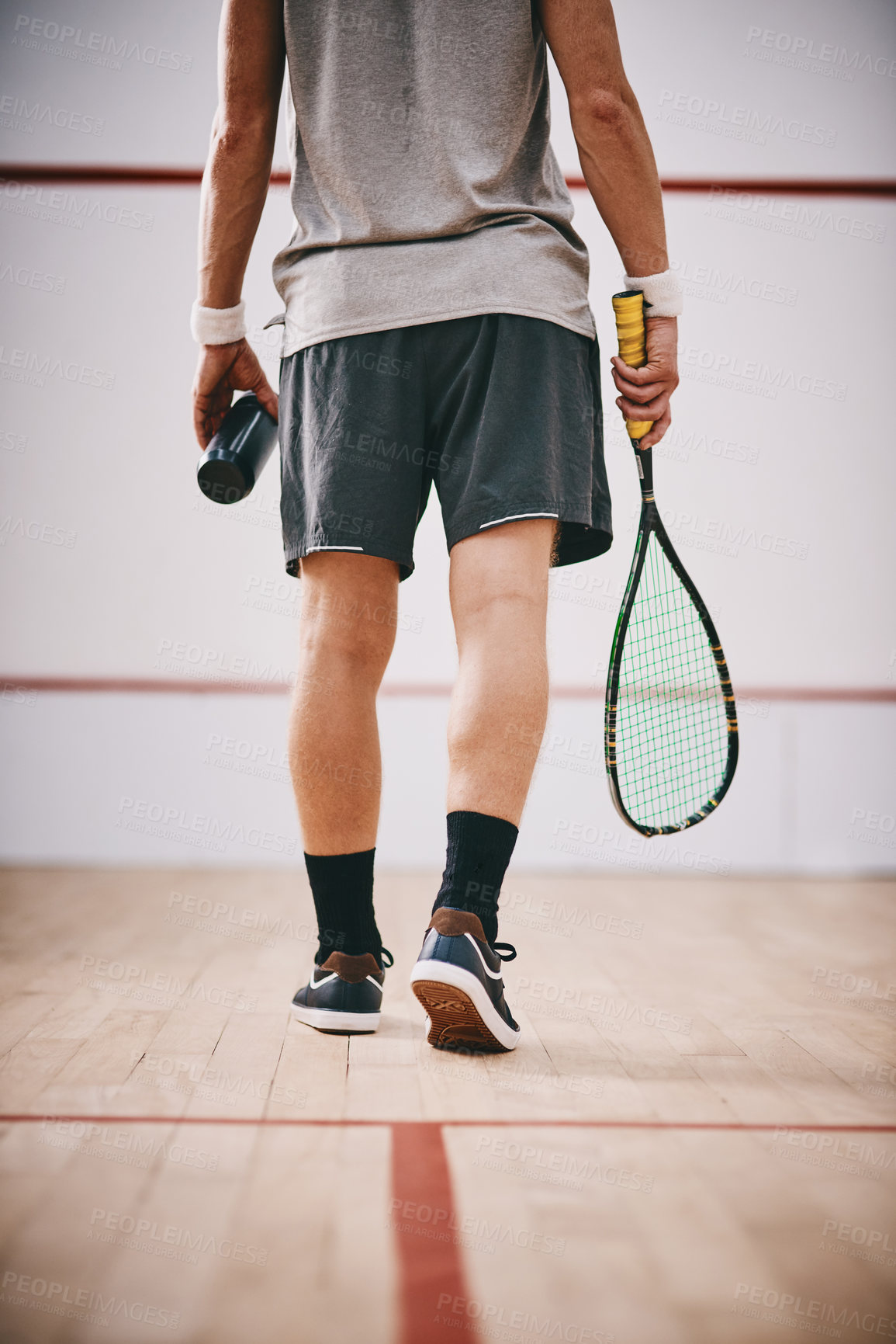 Buy stock photo Back, man and sports racket on court for squash exercise,  challenge game and training of practise skill. Male athlete, equipment and fitness performance for competition, start or professional match 