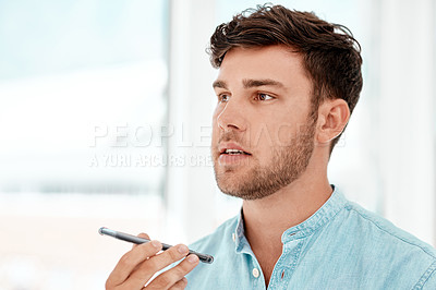 Buy stock photo Man, phone call and loudspeaker at office, talking and thinking with mobile networking for lead at company. Person, smartphone and listening with conversation, consulting or advice at creative agency