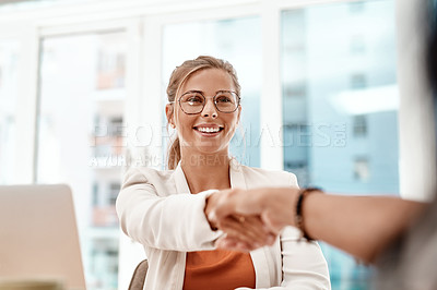 Buy stock photo Happy, business woman and handshake with meeting for b2b, partnership or agreement at office. Young, female person or employee shaking hands with colleague for promotion, hiring or deal at workplace