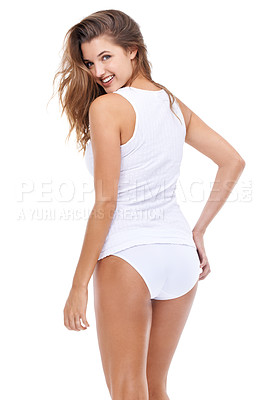 Buy stock photo Back view, underwear or portrait of model in tank top in studio with smile, beauty or healthy body. Slim, happy woman or confident lady in lingerie with pride or wellness isolated on white background