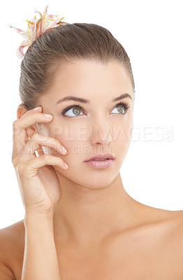Buy stock photo Thinking, skincare and woman with hand on face in studio with wellness, cosmetics or results on white background. Natural beauty, questions or lady model touching glowing skin, shine or treatment