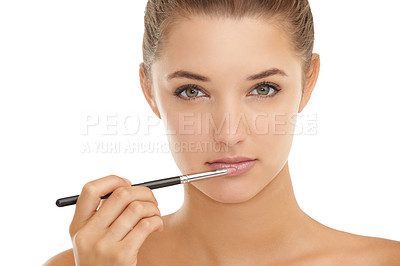 Buy stock photo Makeup, brush and portrait of woman with lipstick application in studio for cosmetics on white background. Beauty, mouth or face of female model with gloss, color or full lips, volume or filler