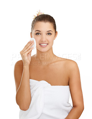 Buy stock photo Skincare, portrait or woman with cotton pad in studio for wellness, shine or glow on white background. Cleaning, face or model with facial swab for makeup, removal to after shower toner application