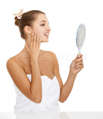 Buy stock photo Skincare, check and happy woman with mirror in studio for facial, treatment or results in white background. Face, inspection or female model with reflection satisfaction, beauty or after shower shine