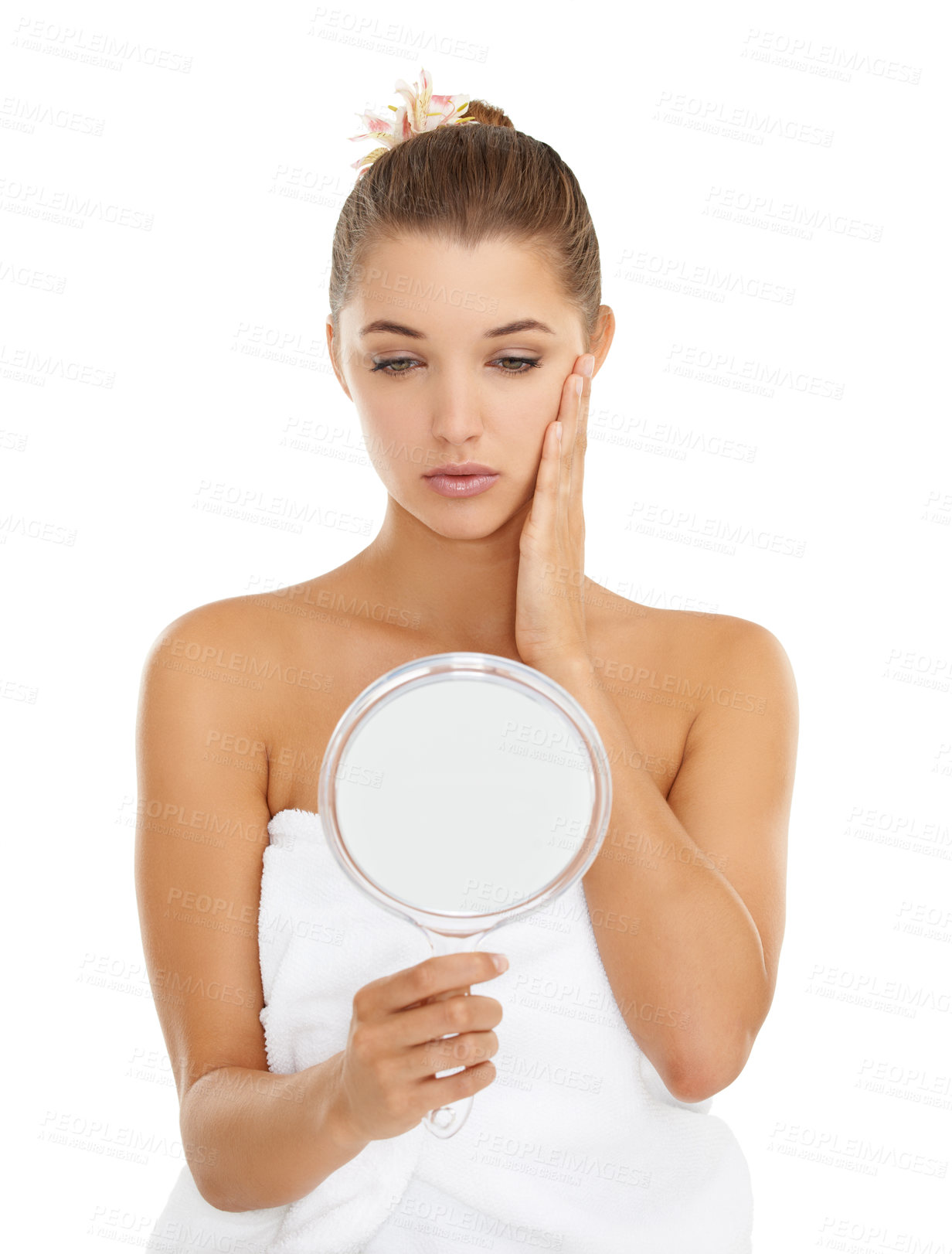 Buy stock photo Skincare, check and serious woman with mirror in studio for facial, treatment or results in white background. Face, hands and female model with reflection inspection, beauty or after shower hydration